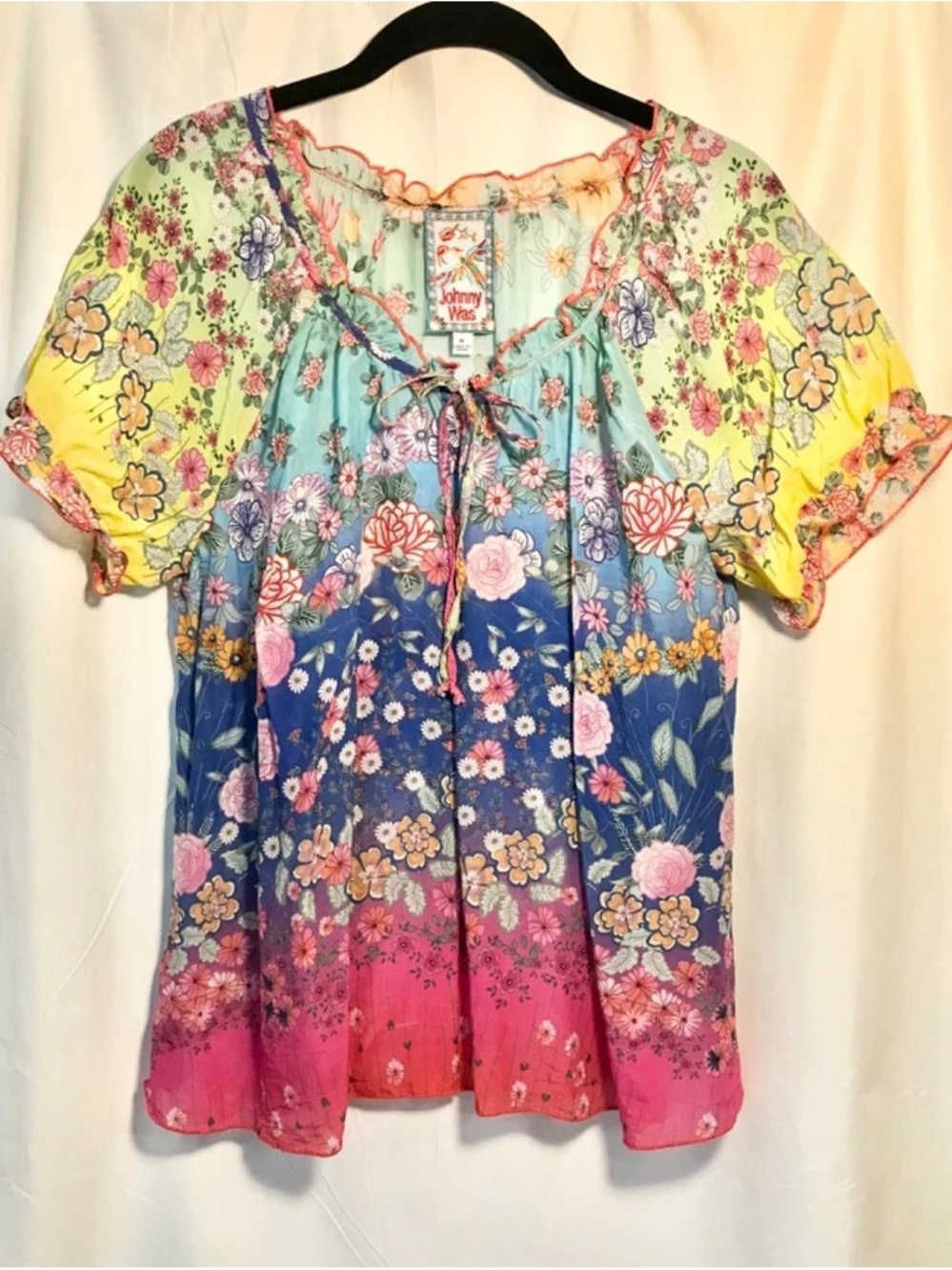 Johnny Was Multicolor Floral Peasant Blouse - Pink Blue Yellow